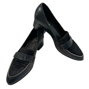 Shellys London Black Leather Faux Hair Zipper Trim Block Heel Penny‎ Loafers 8.5